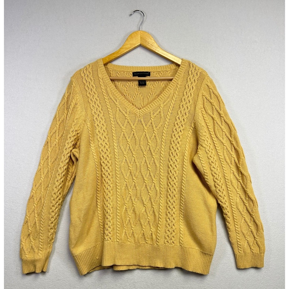 Preswick Moore Cable Knit V Neck Sweater Mustard Yellow Women's 1X